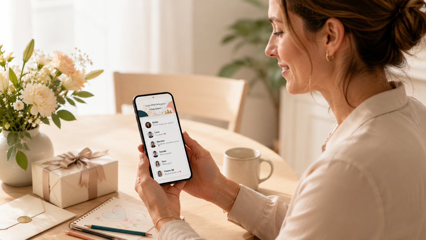 Una persona apre una busta digitale Donoa dal telefono